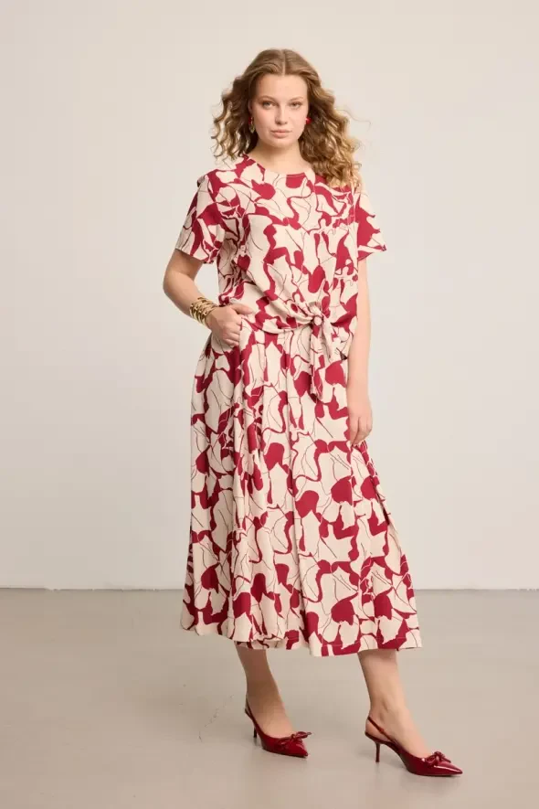 Bağlamalı Desenli Keten Bluz - Bordo - Gusto