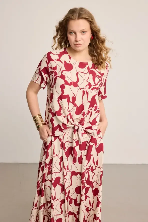 Bağlamalı Desenli Keten Bluz - Bordo - Gusto