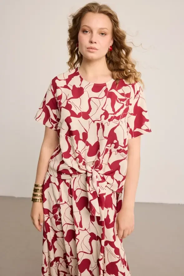 Bağlamalı Desenli Keten Bluz - Bordo - Gusto