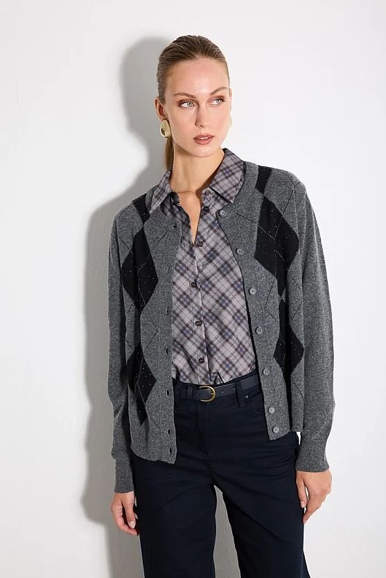 Baklava Desenli Pullu Yünlü Triko Hırka - Füme - Gusto