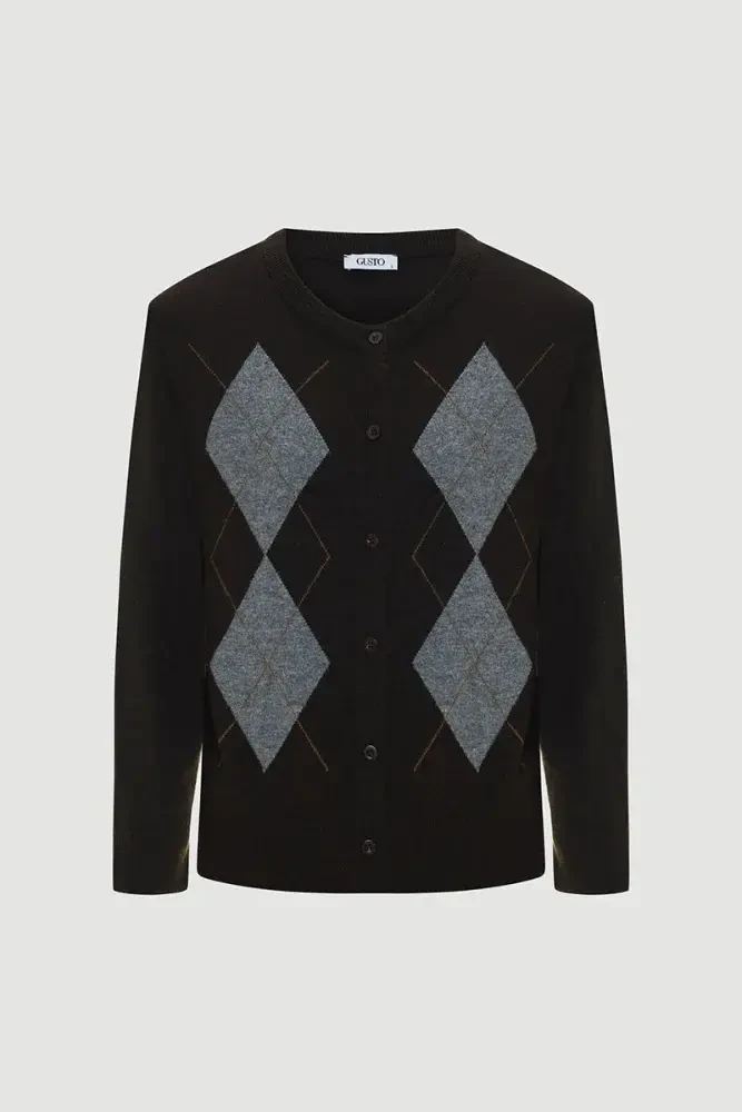 Baklava Desenli Triko Yün Hırka - Kahverengi Kahverengi