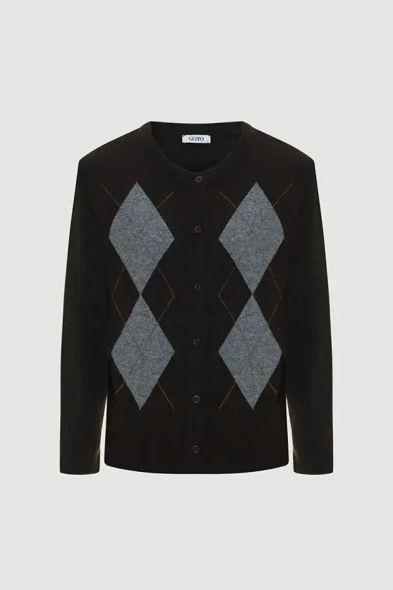 Baklava Desenli Triko Yün Hırka - Kahverengi - Gusto