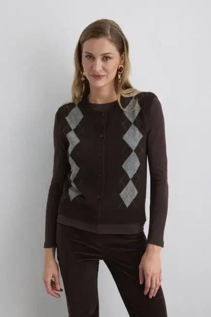 Baklava Desenli Triko Yün Yelek - Kahverengi Kahverengi