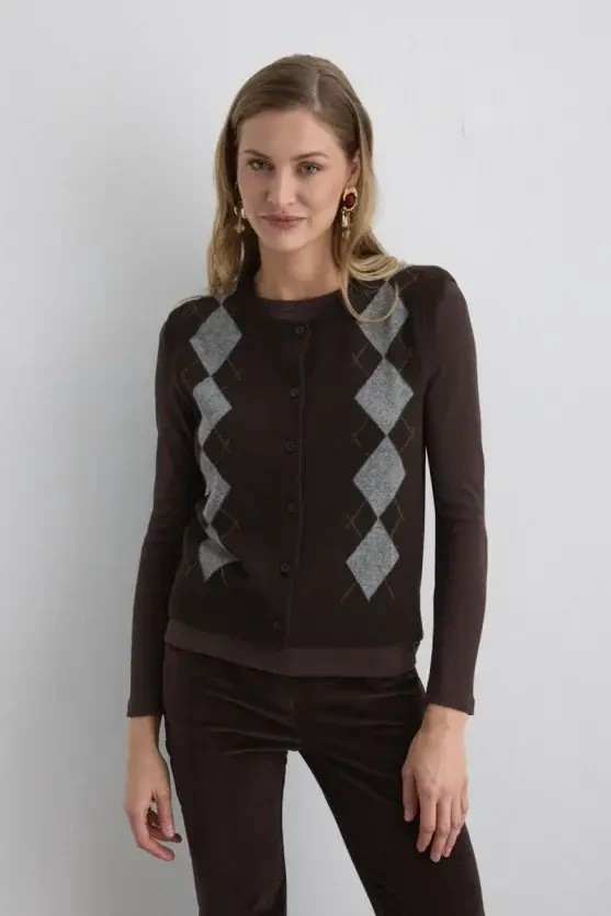 Baklava Desenli Triko Yün Yelek - Kahverengi - Gusto