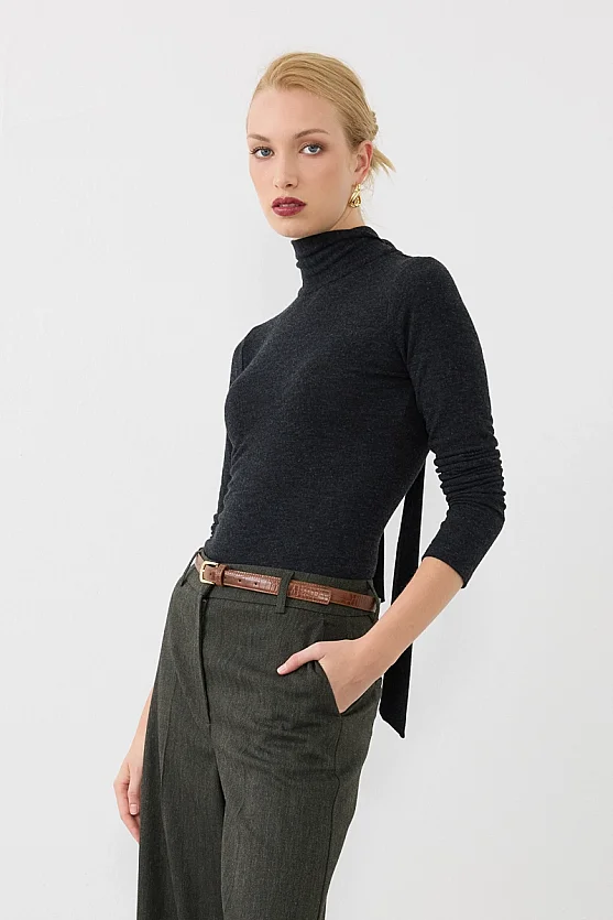 Balıksırtı Geniş Paça Yünlü Pantolon - Haki - 5