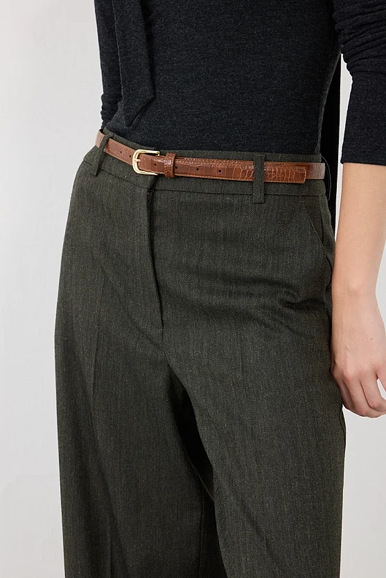 Balıksırtı Geniş Paça Yünlü Pantolon - Haki - Gusto