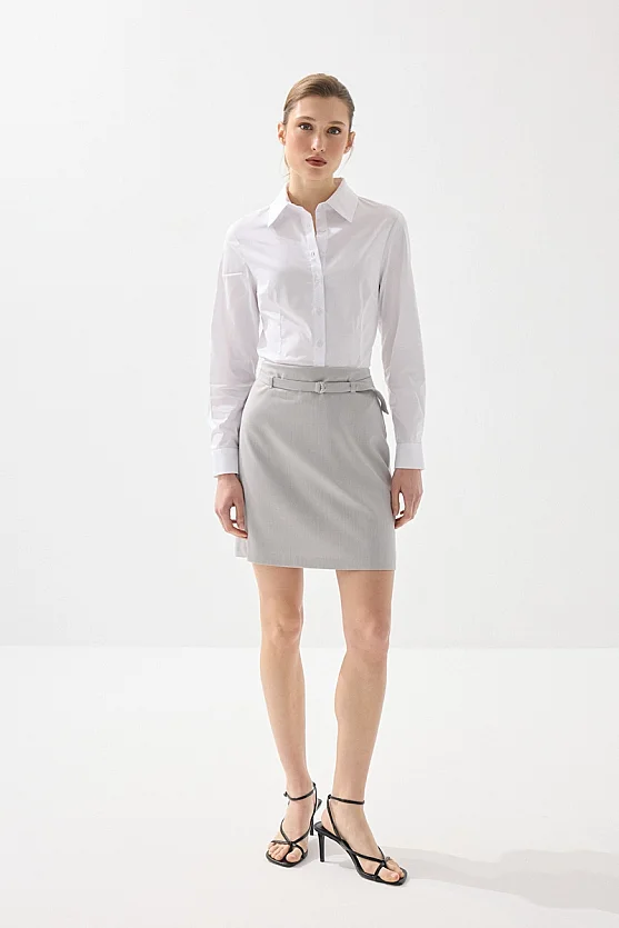 Balıksırtı Kemerli Mini Etek - Gri - 1