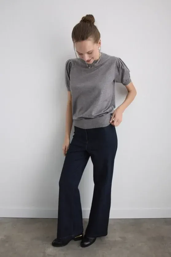 Balloon-Sleeve Knit Blouse - Grey - 2