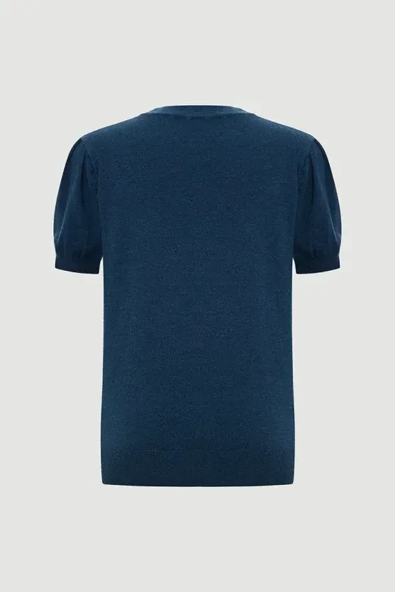 Balon Kol Triko Bluz - Mavi - 2