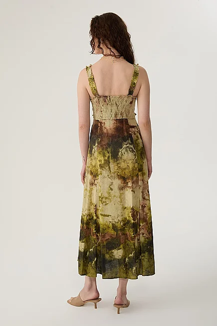 Batik Desenli Askılı Keten Elbise - Yeşil - Gusto
