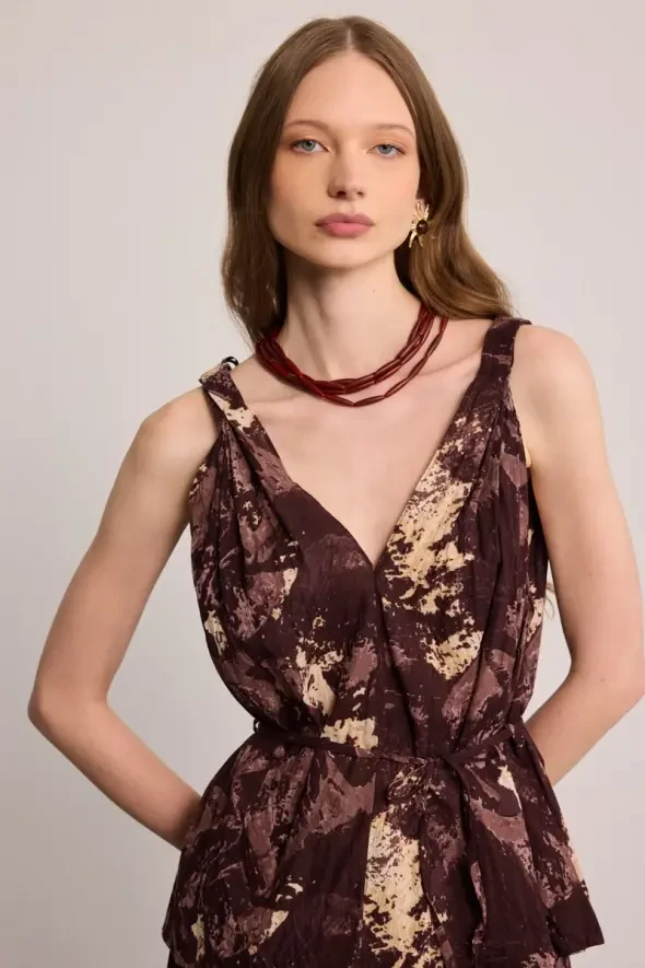 Batik Desenli Bohem Bluz - Kahverengi - 2