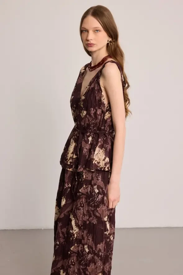 Batik Desenli Bohem Bluz - Kahverengi - 3