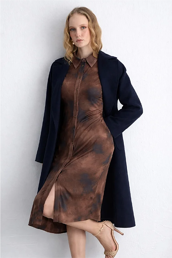 Batik Desenli Suni Süet Uzun Elbise - Haki - Gusto