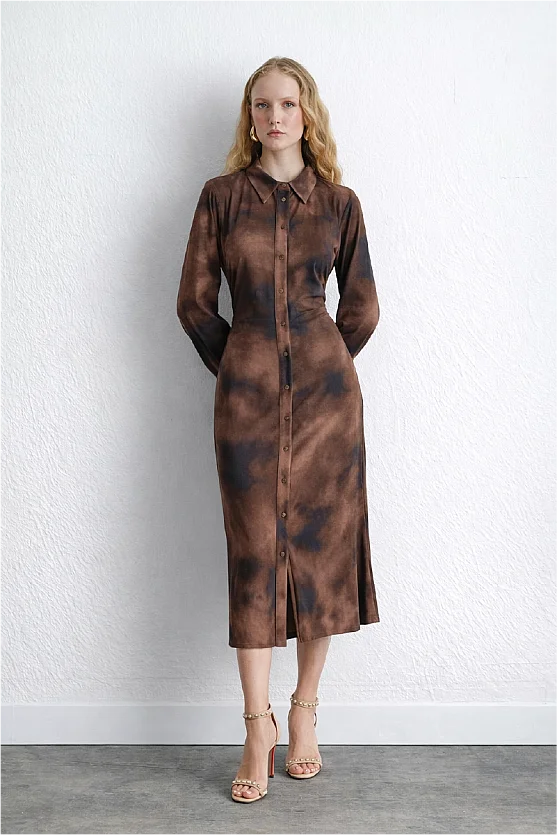 Batik Desenli Suni Süet Uzun Elbise - Haki - Gusto