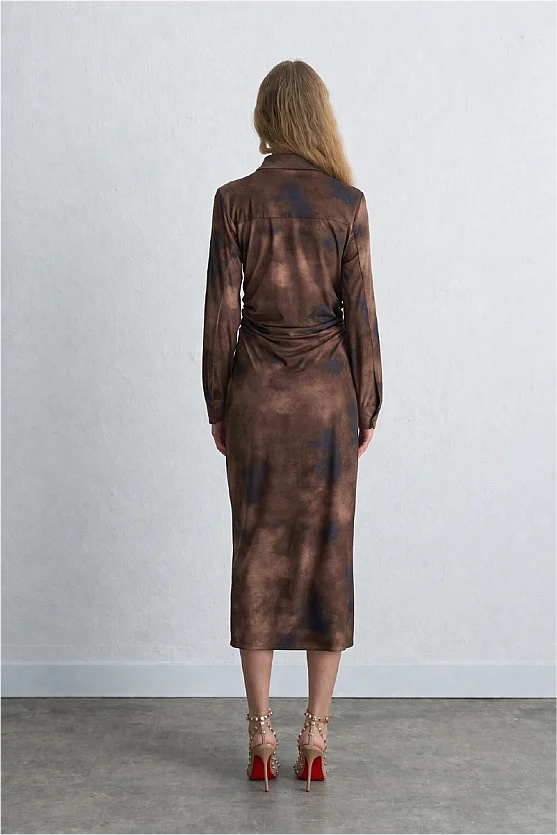 Batik Desenli Suni Süet Uzun Elbise - Haki - Gusto