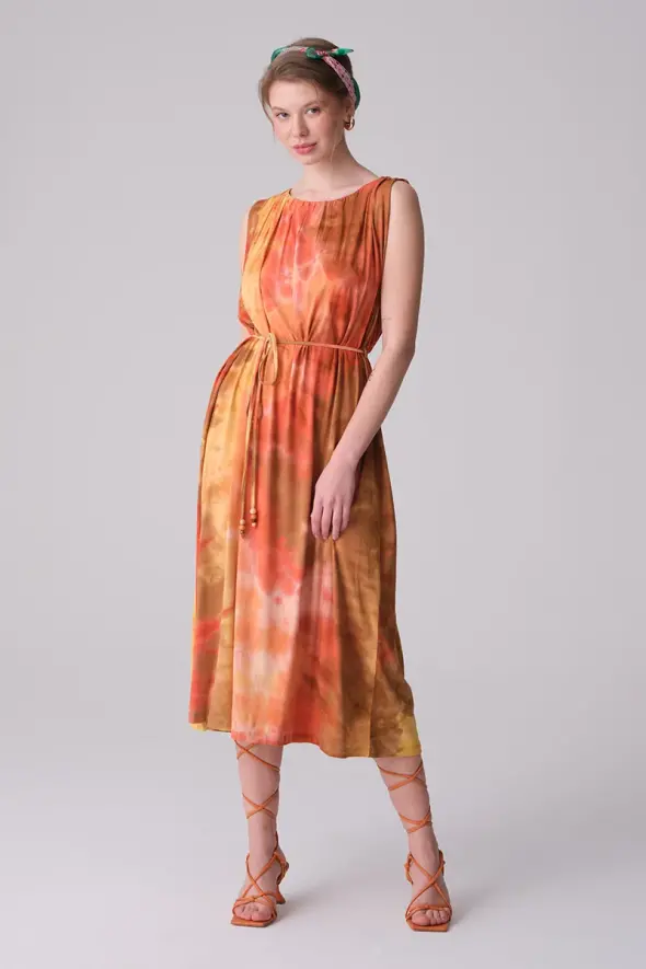 Batik Viskon Penye Elbise - Sarı - 1
