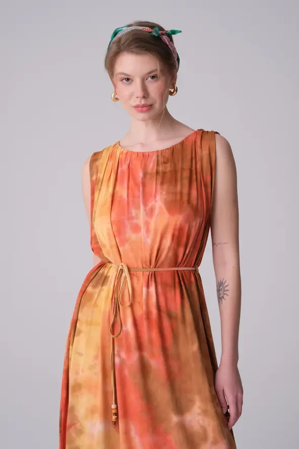 Batik Viskon Penye Elbise - Sarı - 3