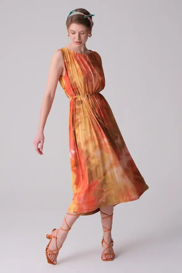 Batik Viskon Penye Elbise - Sarı - 2