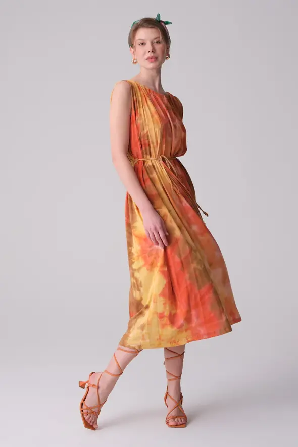 Batik Viskon Penye Elbise - Sarı - 4