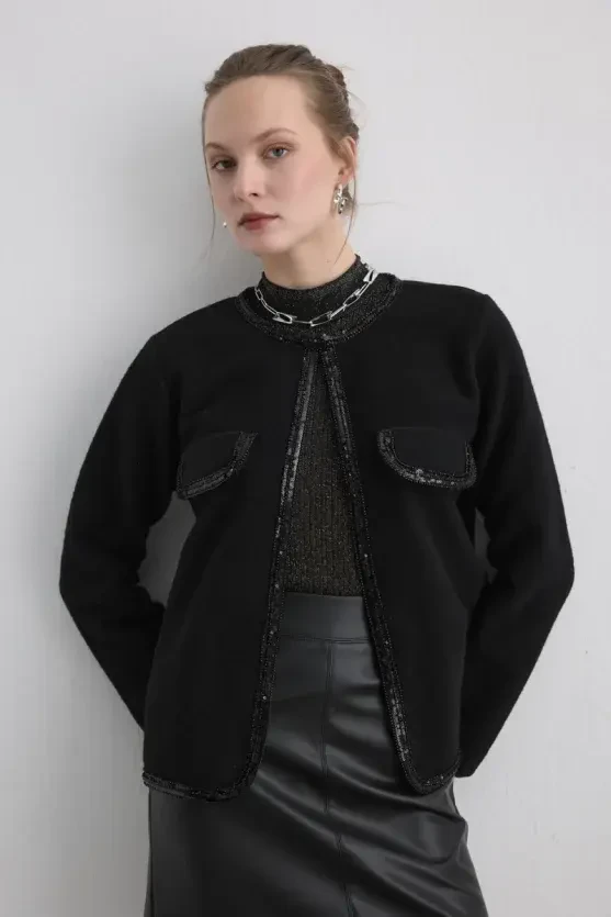 Beaded Wool Jacket - Black - 2