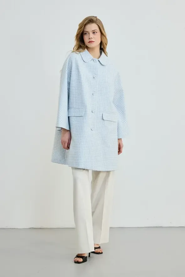 Bebe Yakalı Kazayağı Desenli Kaftan -Mavi - 2