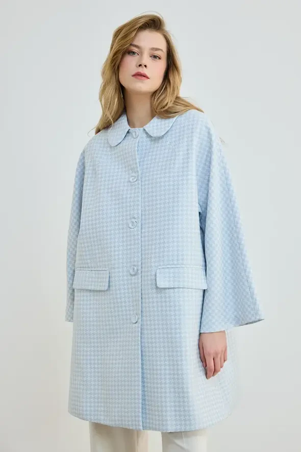 Bebe Yakalı Kazayağı Desenli Kaftan -Mavi - 1