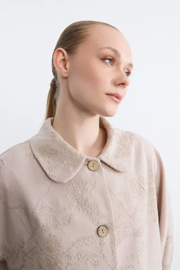 Bebe Yakalı Nakışlı Kaftan - Bej - 5