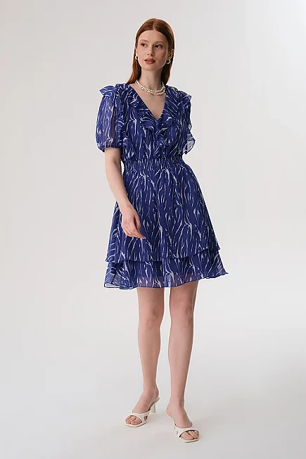 Bele Oturan Mini Elbise - Saks - 5