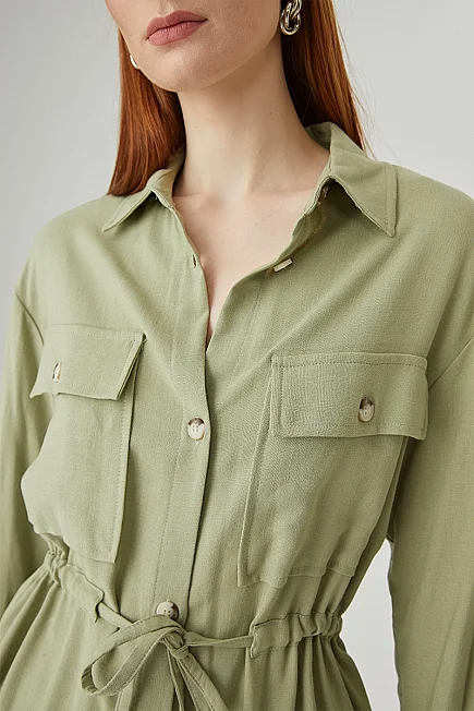 Beli Bağcıklı Keten Gömlek Ceket - Mint - 5