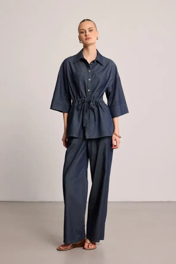 Beli Büzgülü Denim Gömlek Ceket - Mavi - 2