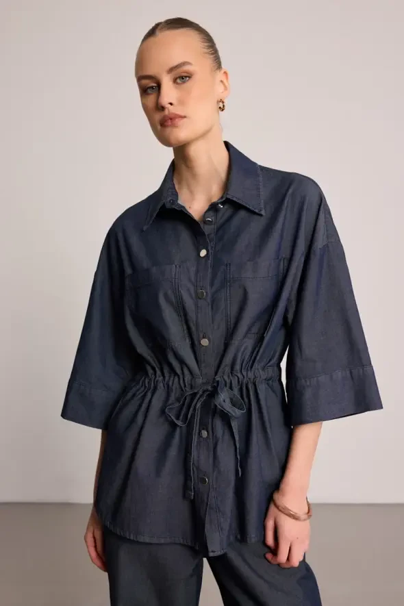 Beli Büzgülü Denim Gömlek Ceket - Mavi - 1