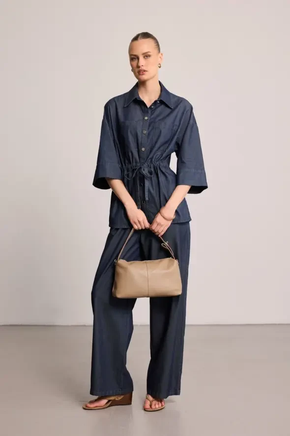 Beli Büzgülü Denim Gömlek Ceket - Mavi - 3
