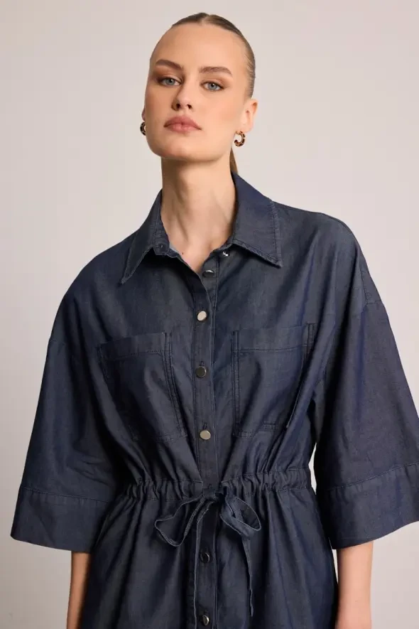 Beli Büzgülü Denim Gömlek Ceket - Mavi - 4