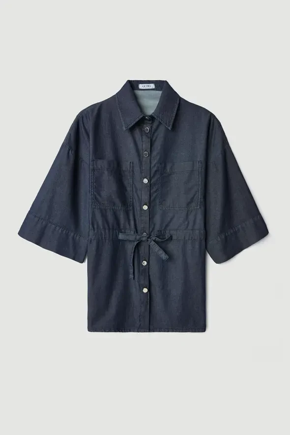 Beli Büzgülü Denim Gömlek Ceket - Mavi - 6