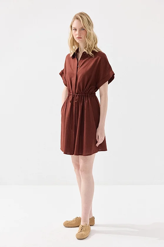 Beli Büzgülü Keten Gömlek Elbise - Kiremit - 1