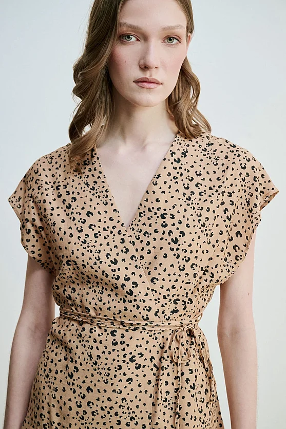 Beli İp Kemerli Anvelop Kesim Leopar Bluz - Camel - 3