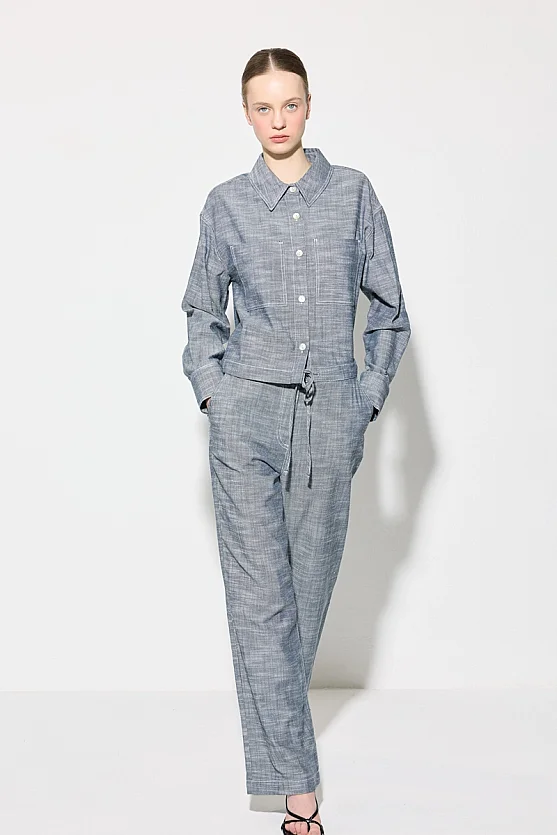 Beli İp Kemerli Bol Paça Keten Pantolon - Lacivert - Gusto