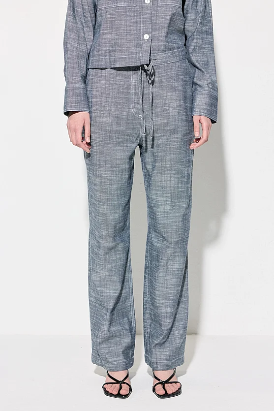 Beli İp Kemerli Bol Paça Keten Pantolon - Lacivert - Gusto