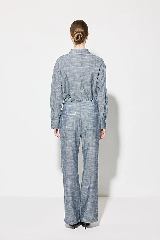 Beli İp Kemerli Bol Paça Keten Pantolon - Lacivert - Gusto