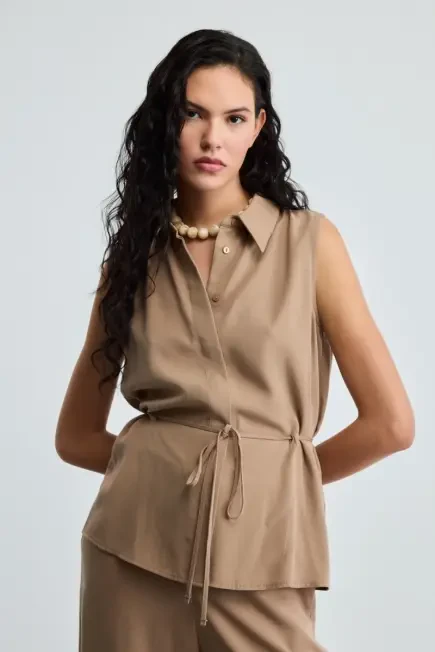 Beli İp Kemerli Tencel Bluz - Vizon - Gusto