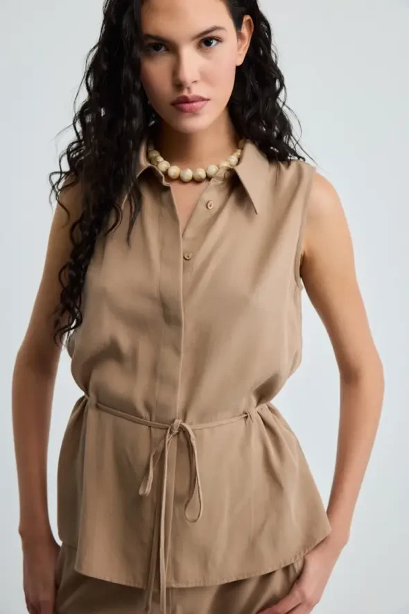 Beli İp Kemerli Tencel Bluz - Vizon - 3