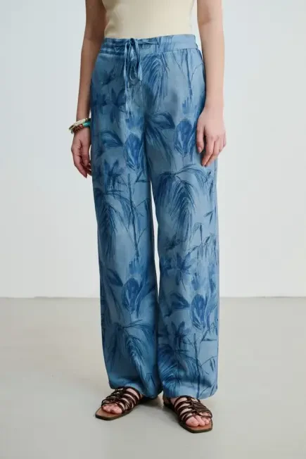 Denim Görünümlü Bol Paça Pantolon - Mavi - Gusto