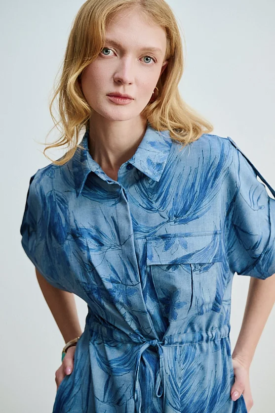 Beli İpli Desenli Denim Görünümlü Gömlek - Mavi - Gusto