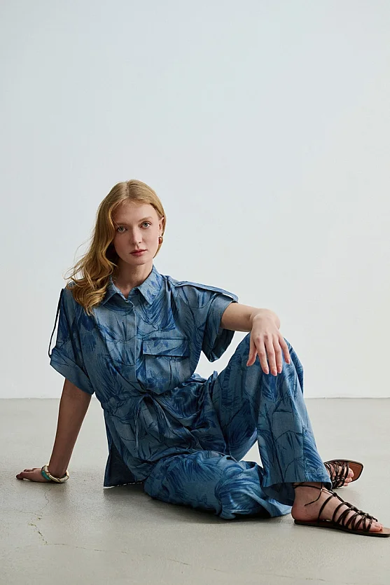 Beli İpli Desenli Denim Görünümlü Gömlek - Mavi - Gusto