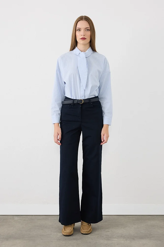Beli Kemerli 5 Cepli Geniş Paça Kanvas Pantolon - Lacivert Navy Blue