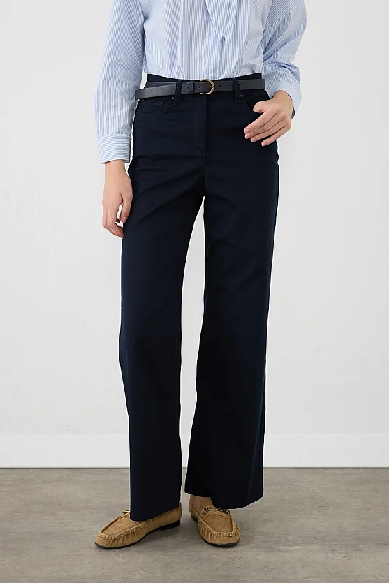 Beli Kemerli 5 Cepli Geniş Paça Kanvas Pantolon - Lacivert - 2