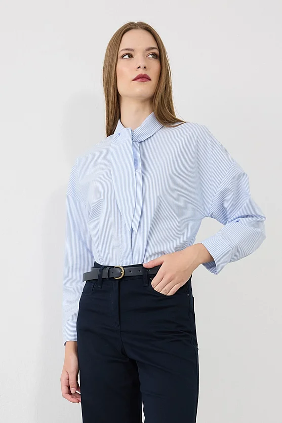 Beli Kemerli 5 Cepli Geniş Paça Kanvas Pantolon - Lacivert - Gusto