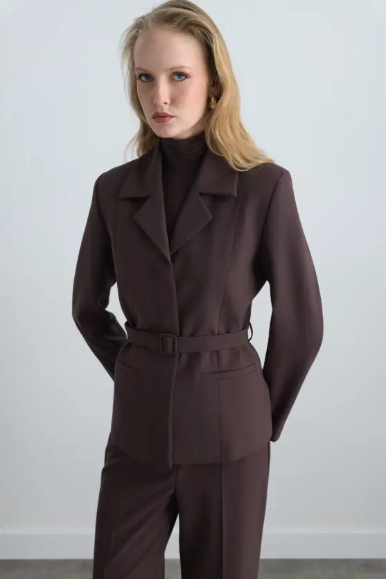 Beli Kemerli Blazer Ceket - Kahverengi - 2