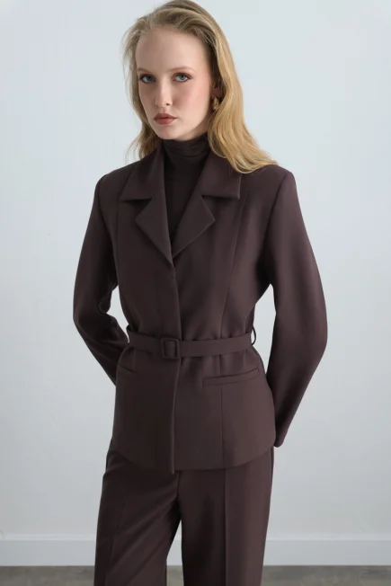 Beli Kemerli Blazer Ceket - Kahverengi - Gusto (1)