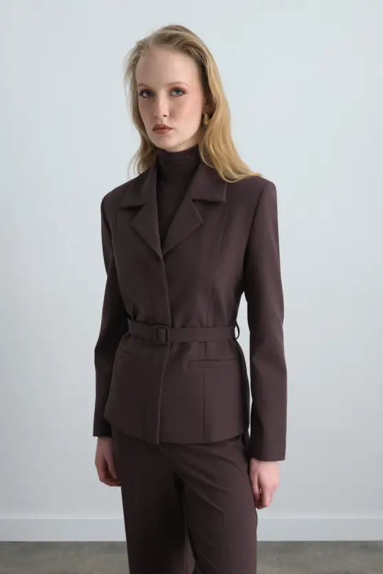 Beli Kemerli Blazer Ceket - Kahverengi - 4
